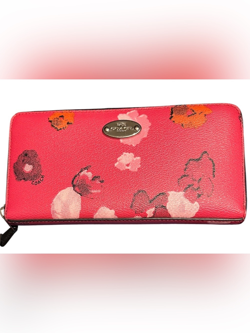 NWOT Coach Coral Pink Floral Leather Wallet with Metal Logo, Wallet w/gift box